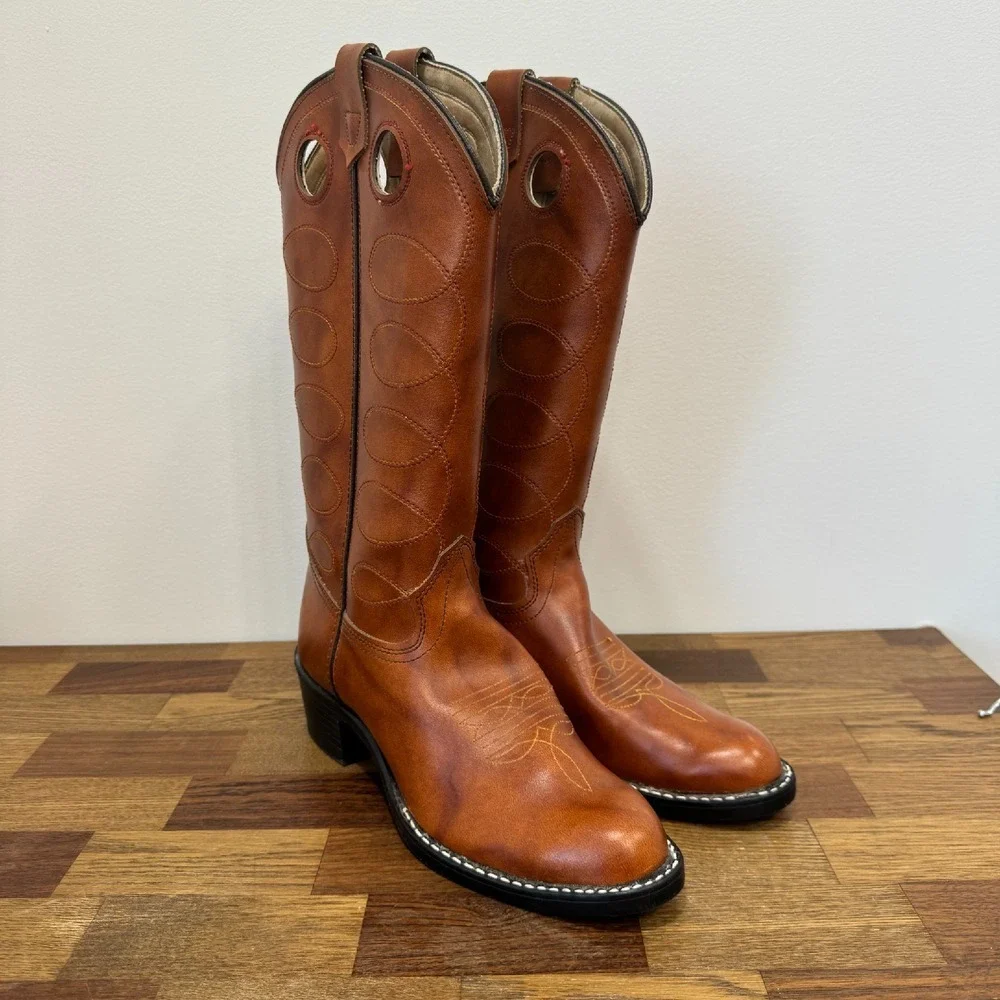 Bronco Womens Western Boots 8.5 Leather Made‎ in USA Mid Calf Cowboy Brown